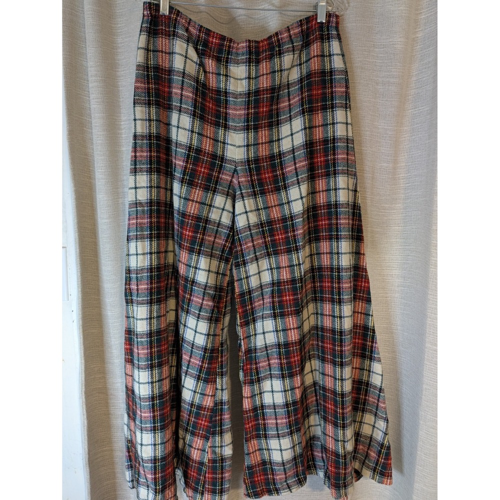 Vintage 70s Plaid Wide Leg Palazzo Pants High Waist Red White Tartan Boho 12